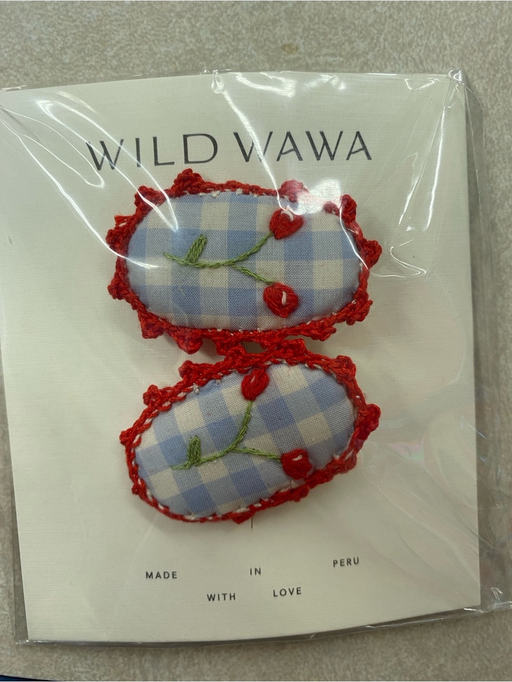 Wild Wawa Blue Gingham Cherry Embroidered Hair Clips / NIB